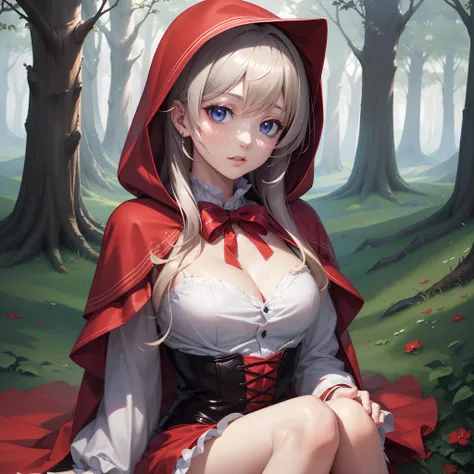 ((Finest quality)),(超A high resolution),(ultra-detailliert),((Best Anime)),sharpnes,vivid:1.1,Fantasy art with astounding depictions,In the dense forest, (Little Red Riding Hood Girl),