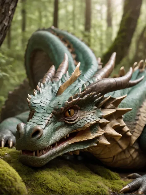 The dragon sleeps in the forest, curled up in a kolachik,lying on its belly, The head is on the ground