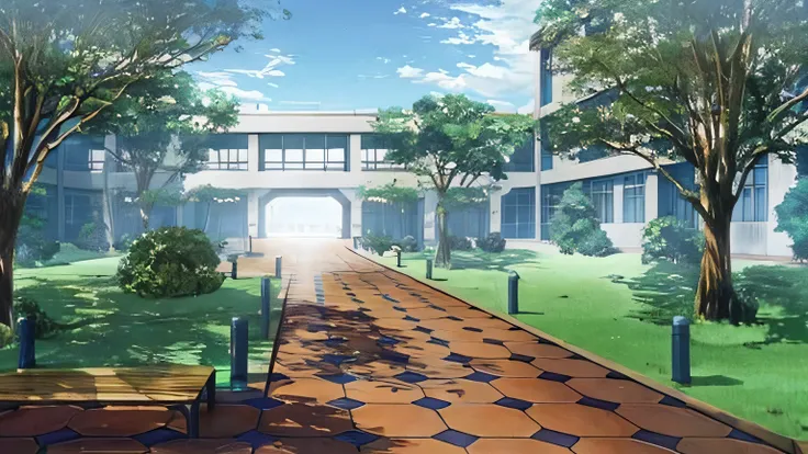 anime - style image of a walkway in a courtyard with a building in the background, arte de fundo do anime, anime scenery, beauti...