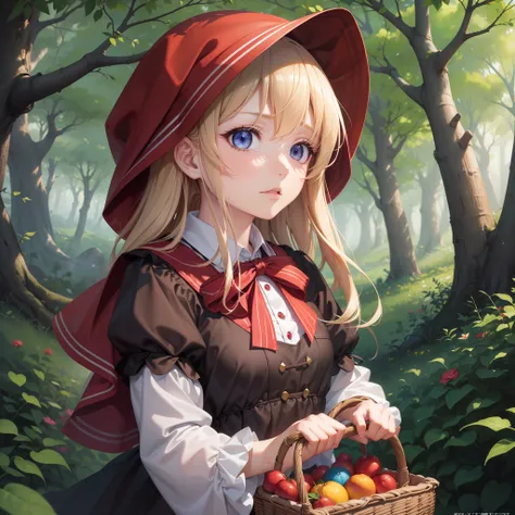 ((Finest quality)),(超A high resolution),(ultra-detailliert),((Best Anime)),sharpnes,vivid:1.1,Fantasy art with astounding depictions,In the dense forest, (Little Red Riding Hood girl with basket),anxious expression