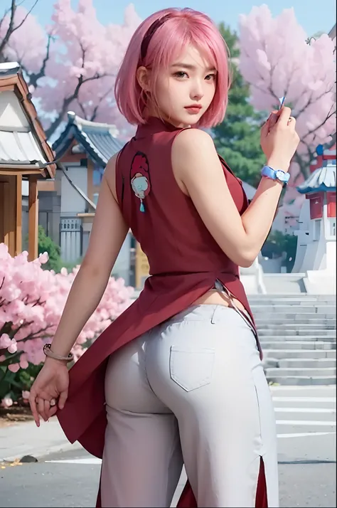 Real life adaption of this character, korean teen beauty face , realistic outfit , realistic pink short hair,realistic shadow, realistic light, realism, hyper realistic, realistic background,(photorealistic:1.2), looking to viewer,