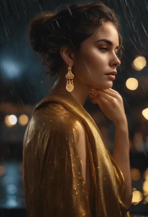 Golden tattoos with a girl in the rain with gold earrings, In the style of vray tracing, Martin alors, Yuumei, Versed, Gros plan, dark white and gold, speedpainting, Masterpiece, Best quality,