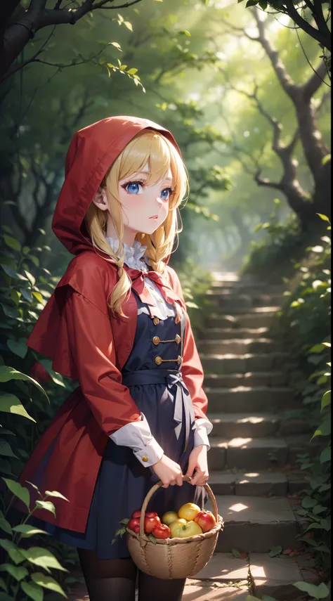 ((Finest quality)),(超A high resolution),(ultra-detailliert),((Best Anime)),sharpnes,vivid:1.1,Fantasy art with astounding depictions,In a dimly lit dense forest:1.6, (Little Red Riding Hood girl with basket),anxious expression,Standing:1.3