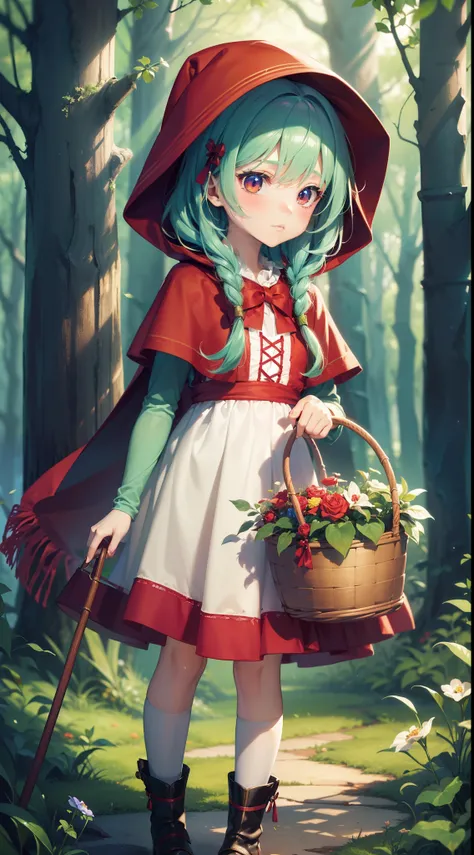 ((Finest quality)),(超A high resolution),(ultra-detailliert),((Best Anime)),sharpnes,vivid:1.1,Fantasy art with astounding depictions,In a dimly lit dense forest:1.6, (Little Red Riding Hood girl with basket),anxious expression,Standing:1.3