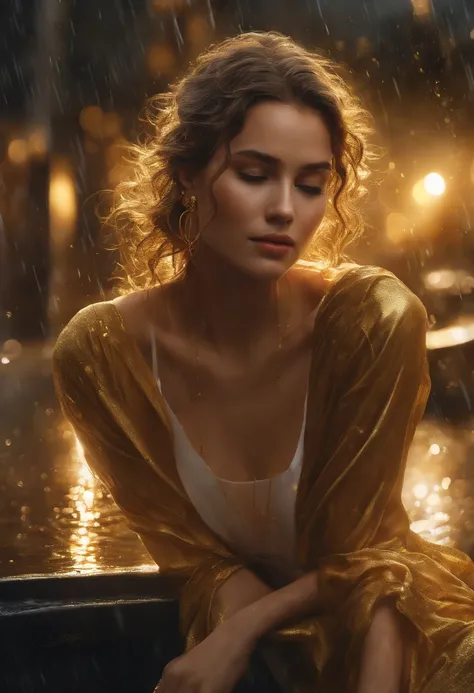 Golden tattoos with a girl in the rain with gold earrings, In the style of vray tracing, Martin alors, Yuumei, Versed, gros plan, dark white and gold, speedpainting, Masterpiece, Best quality,