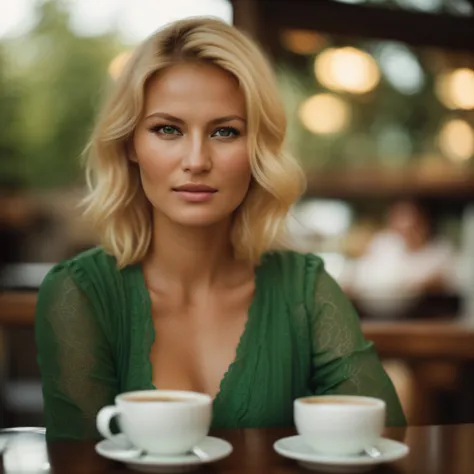 blond woman in green dress sitting at a table with two cups of coffee, portrait of morning coffee, yelena belova, anna nikonova ...