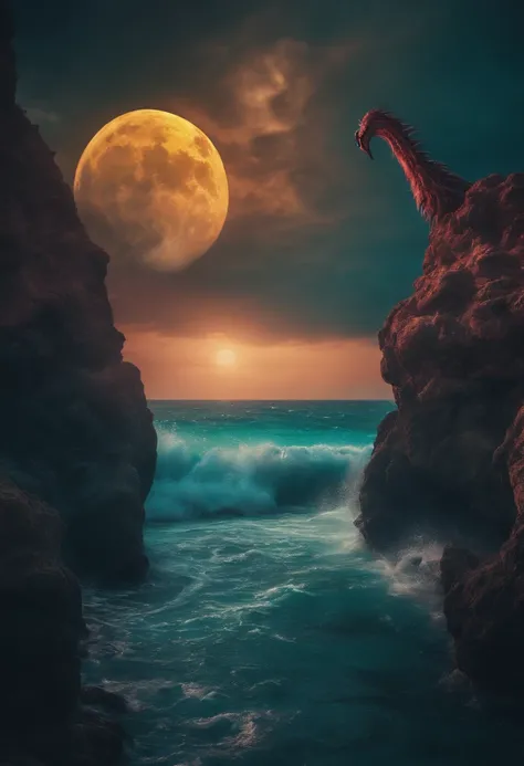 Psychedelic ocean scene fantasy horror colorful nightmare moon monsters