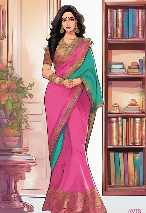 (comic illustration:1.3), Renowned Indian actress sridevi kapoor at the age of 40 wearing a provocative pink saree is getting kissed on her stomach by a man in black suit at his office cabin,(full body image),(navel visible),(cleavage)