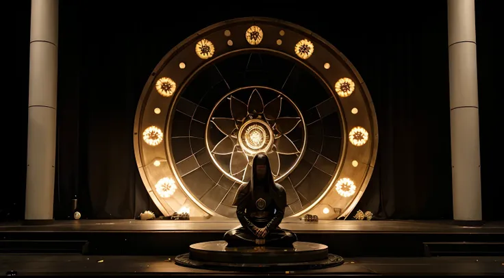 Domain expansion, a completely black place but on the ground there is a giant Dharma Wheel that extends infinitely on the ground, no centro tem um templo budista com uma cadeira no centro, quase como um trono mas de um modo menos sofisticado