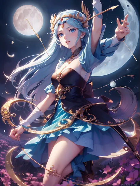 ((Finest quality)),(超A high resolution),(ultra-detailliert),((Best Anime)),sharpnes,vivid:1.1,Fantasy art with astounding depictions,Dense and detailed blue moon:1.6,grass field, ((goddess of the moon),Hold your bow and arrow towards the sky:1.5)