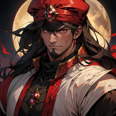 Seigneur marocain Dracula, Hokuto no Ken Face Structure Style with Red Turban Handsome Muscular Warrior Long Hair White Red Eyes Medieval Crystal with its scary demons