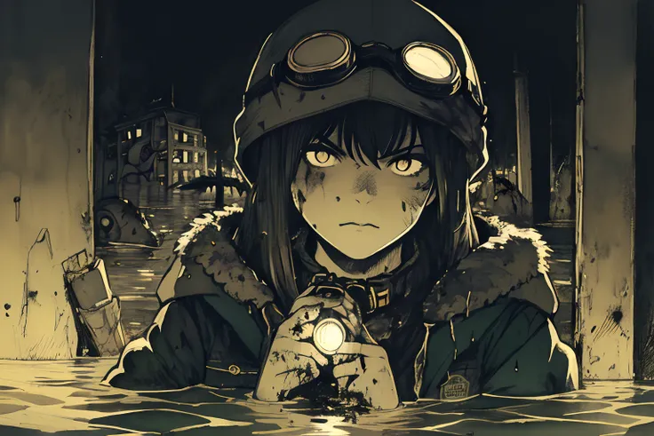 masterpiece, best quality, 1girl, (closeup),(yelow coat, goggles), (serious, dirty face, dirty clothes), in a flooded subway, (facing a monster worm: in a flashlight beam, 1.1), ruins, very dark, watercolor, sketch