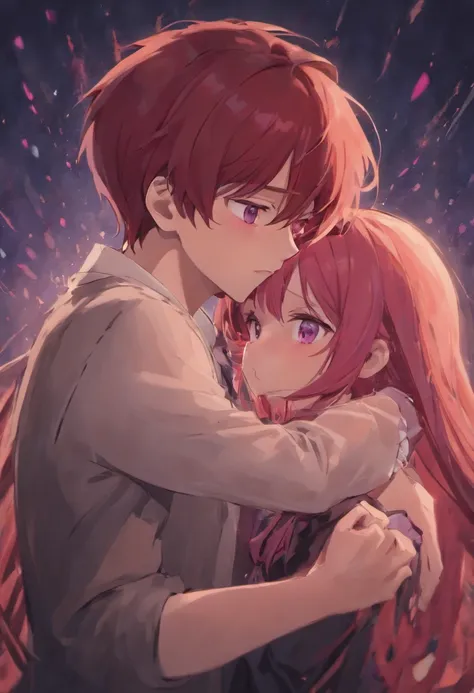 Couple in love. Man with short red hair hugging and comforting girl with long purple hair. Girl crying.Love, romance