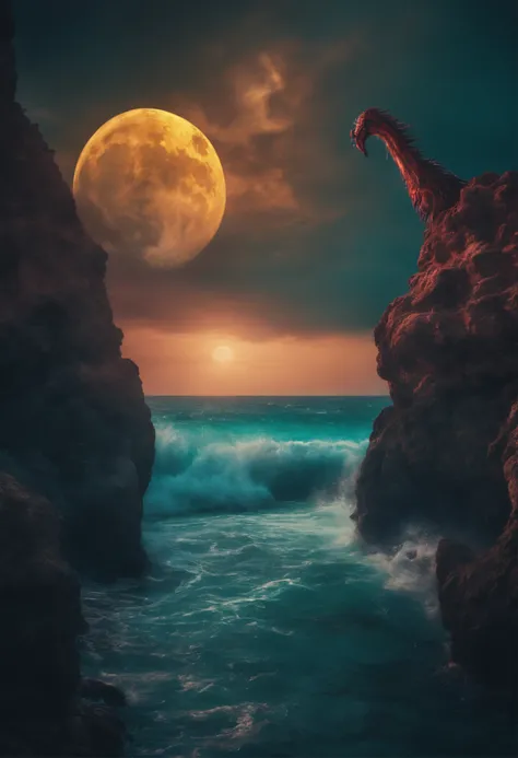 Psychedelic ocean scene fantasy horror colorful nightmare moon monsters