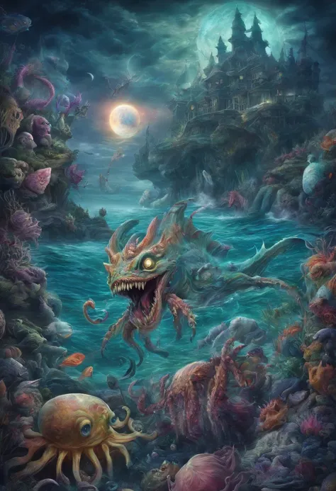 Psychedelic ocean scene fantasy horror colorful nightmare moon monsters and scary creatures