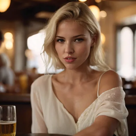 blond woman in a white dress sitting at a table with a glass of beer, attractive woman, beautiful blonde girl, beautiful blonde woman, soft portrait shot 8 k, blonde woman, attractive girl, photo of a beautiful woman, gorgeous woman, cute woman, gorgeous b...