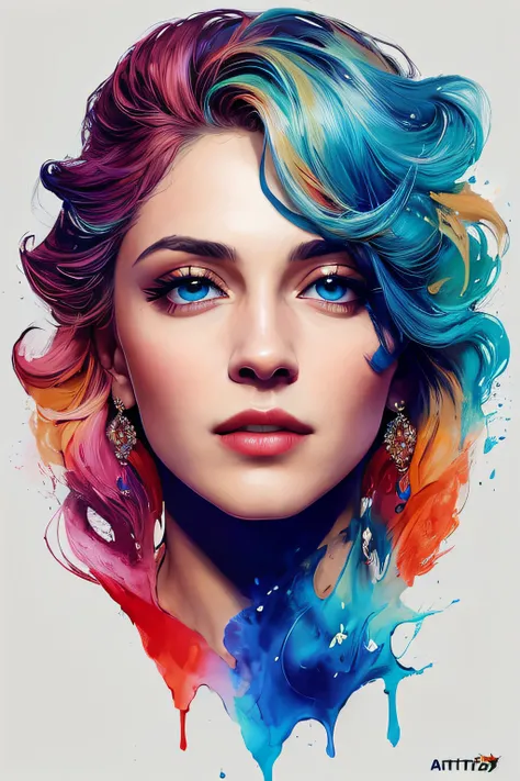 A woman with colorful hair and blue eyes is looking at the camera, stunning digital illustration, Arte de Alessandro Pautasso, lindo arte digital, arte do photoshop, arte digital impressionante, pintura digital impressionante, exquisite digital illustratio...