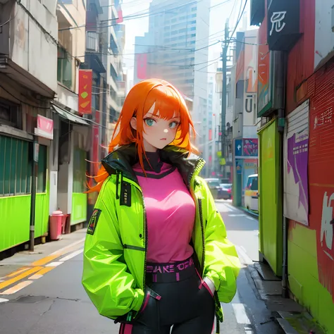 Cyberpunk, luzes neon green,1girl,corpo inteiro, hands in a pocket, orange hair,sardas, Blue iris,beco de rua, olhando para o telespectador, expression serious, roupas ciberpunk, adulto,30 anos,