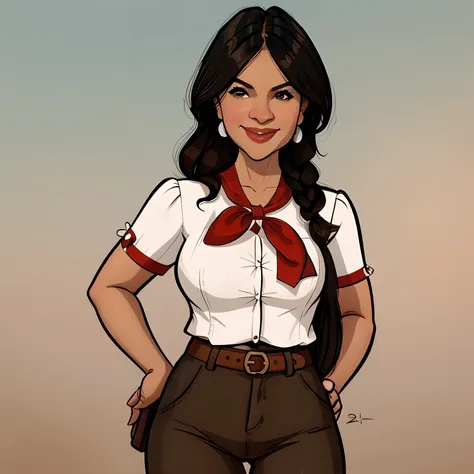 Denise Milani, latina, Hispanic, dark skin, solo, 1girl, brown hair, long hair,  red neckerchief, Denise Milani body type, beautiful, smile, Amazon River explorer from the 1920s, gun holster on hip, gun in holster, white pinstripe button up shirt, shirt un...