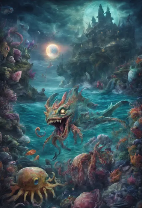 Psychedelic ocean scene fantasy horror colorful nightmare moon monsters and scary creatures