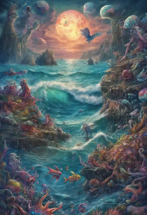 Psychedelic ocean scene fantasy horror colorful nightmare moon monsters and scary creatures