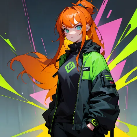 Cyberpunk, luzes neon green,1girl,corpo inteiro, hands in a pocket, orange hair,sardas, Blue iris,beco de rua, olhando para o telespectador, expression serious, roupas ciberpunk, adulto,30 anos,