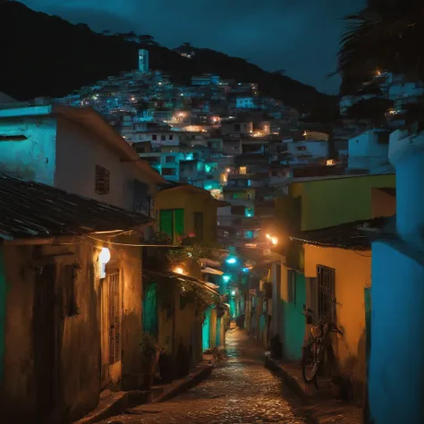 Realismo pessoas de branco nas ruas, de noite, neon, Favela Rio de janeiro futurista, realismo,  hiper realismo, qualidade ultra, casas favela neon, futurismo,  futurista , primeiro plano, noite.