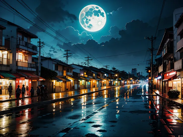 chuva, cidade, noite, tokyolagii, luz da lua.