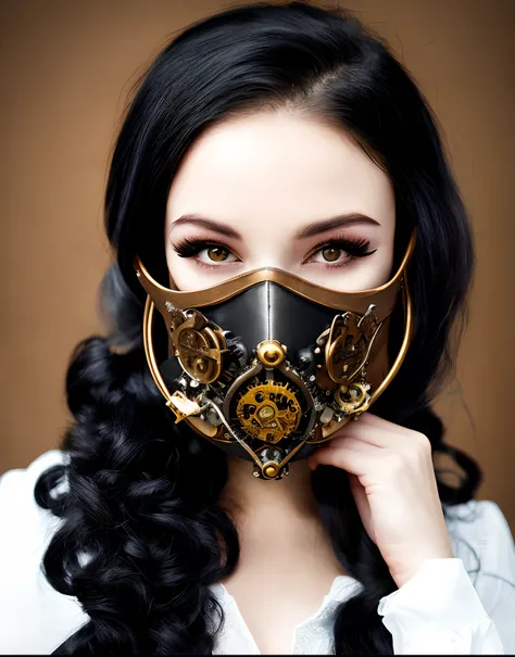 A woman with long black hair wearing a steampunk plague mask