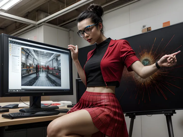 photograph, RAW, , Best Detailed, picture of a tech wizard, there is a woman sitting working on the commuters in a large room, with 4 computer screens, she  has the best computer equipment, she sits in a high tech room, she has black hair in a bun, she wea...