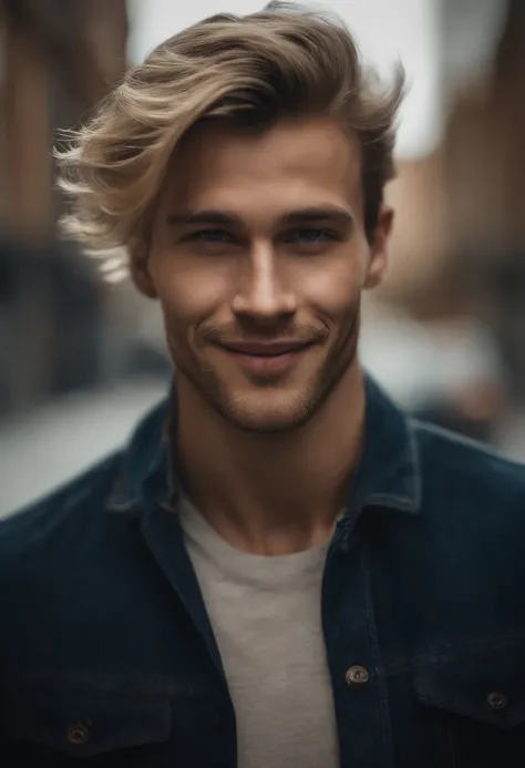 Male model, blonde hair, blue eyes, smiling. skinny