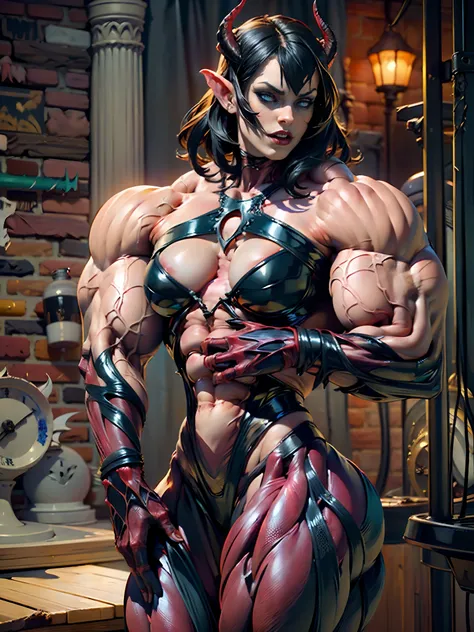 (carnage:1.5),(beautiful female model:1.5), (demoness with Large horns:1.25),(1 super muscular succubus with flayed skin:1.5), (covered in thick muscle suit:1.5), (exposed perfect anatomy:1.5), high detail, best quality, masterpiece, finely detail, realist...