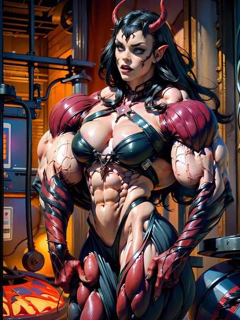 (carnage:1.5),(beautiful female model:1.5), (demoness with large horns:1.25),(1 super muscular succubus with flayed skin:1.5), (...