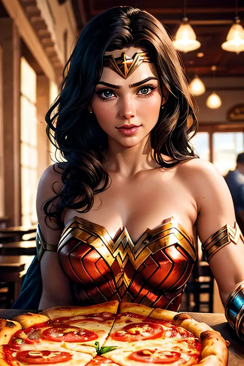 Wonder Woman, happy, in a beautiful, well-lit pizzeria, ready to eat a margherita pizza, looking forward with the viewer with her head in close-up