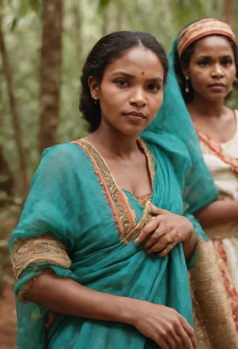 Ranavalona III, the last queen of Madagascar, dressed in a traditional Malagasy dress, traveling by palanquin through dense forest to Tamatave. She is accompanied by her sister and pregnant niece. The expression on their faces is serious and determined. Im...