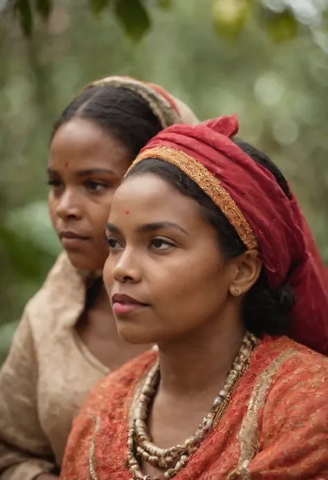 Ranavalona III, the last queen of Madagascar, dressed in a traditional Malagasy dress, traveling by palanquin through dense forest to Tamatave. She is accompanied by her sister and pregnant niece. The expression on their faces is serious and determined. Im...