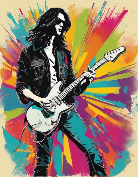 Rock bands. Caucasian guitarist, thin, Very long with black hair, His passion for black and white electric guitar. Playing on a professional stage with lights, haze, screen & flame. A hyper-realistic , profesional lighting,