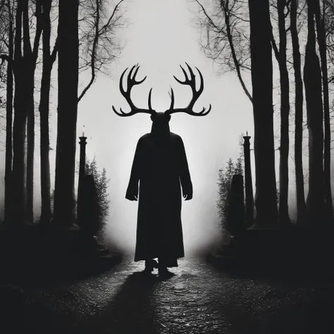 (best quality,4k,8k,highres,masterpiece:1.2),ultra-detailed,(realistic,photorealistic,photo-realistic:1.37),horror,dark,occult,gloomy,color scheme,night time,shadowy,gloomy,ominous atmosphere,A person wearing a deer skull on their head,black robe,candle,bu...