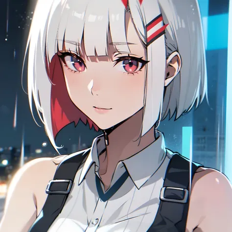 close upcharacter portait, a woman stands in the rain in downtown tokyo, white bob hair cut, multicolored eyes, pose,