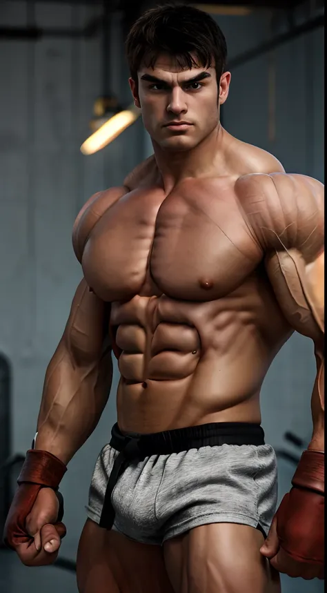 3D Photorealistic, Masterpiece realistic, best high quality, perfect details, RAW Photo, intricate details, nice lighting, 4K, detailed background, (excessive huge muscle:1.6), (huge buff muscle:1.4), (veiny muscle:1.2), ryu from street fighter, fighter, l...