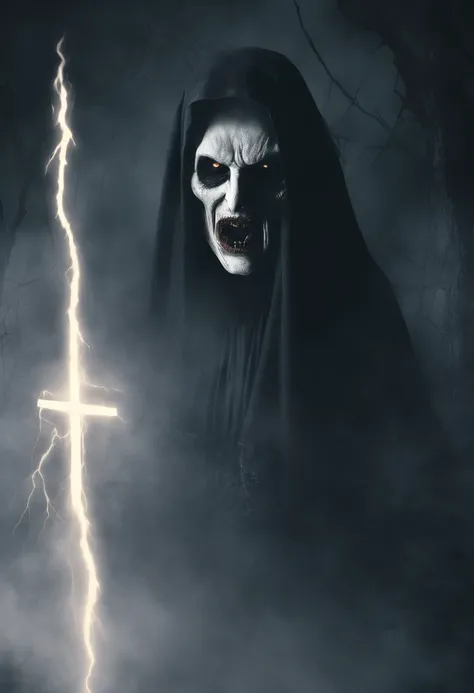 best quality,highres,realistic,ultra-detailed,photorealistic:1.37,horror,Valak from The Nun,dark,evil,nun,creepy,possessed demonic spirit,long dark hair,pale white face,piercing yellow eyes,sharp teeth,religious habit with a veil,spooky atmosphere,haunting...