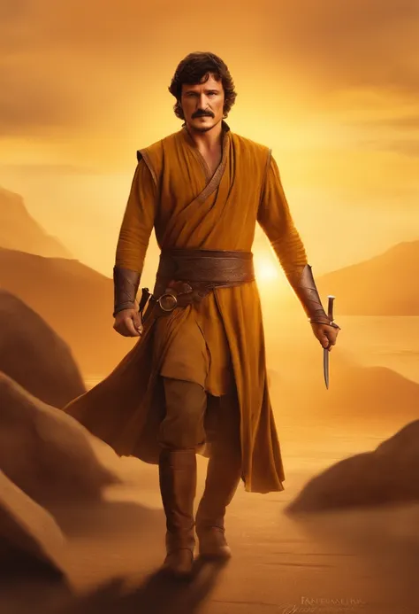 1boy,man (pedro pascal:1.15),playing Oberyn Martell,(brown eyes:1.35),(masterpiece:1.10),(best quality:1.10),(sketch,cel shading:1.10),(illustration:1.10),Game of Thrones matte painting background,official art,gold and yellow robes,golden hour,sunset,dynam...