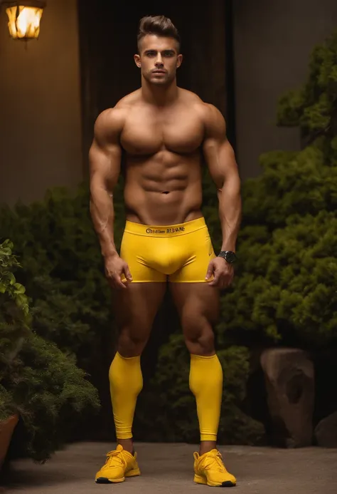 1 cara bonito，bonito,Orc barbaro do sexo masculin,sem camisa，musculoso，Corpos peludos，Chinelos，Meias brancas，Abs, chest muscle,，Yellow sweatpants（Olhos detalhados：1.3），olhos negros，corpo inteiroesbian，amarelo