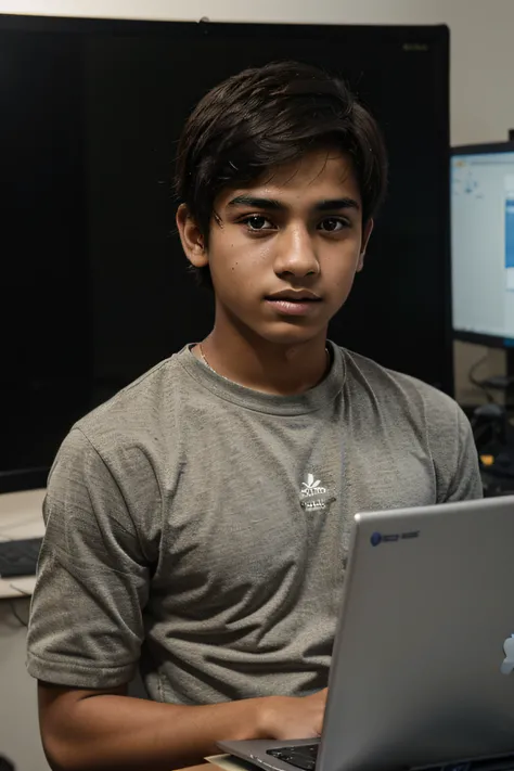 create an image of a young boy mixed skin of a 19 years old muslim looking to the camera and in good studio and big laptop screen in the back