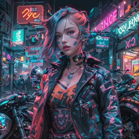 master part, best quality, Garota cyberpunk confiante, tiro de corpo inteiro, ((standing in front of the motorcycle)), Roupa pop inspirada em Harajuku, bold colors and patterns, Attractive accessories, penteado moderno e inovador, maquiagem vibrante, Paisa...