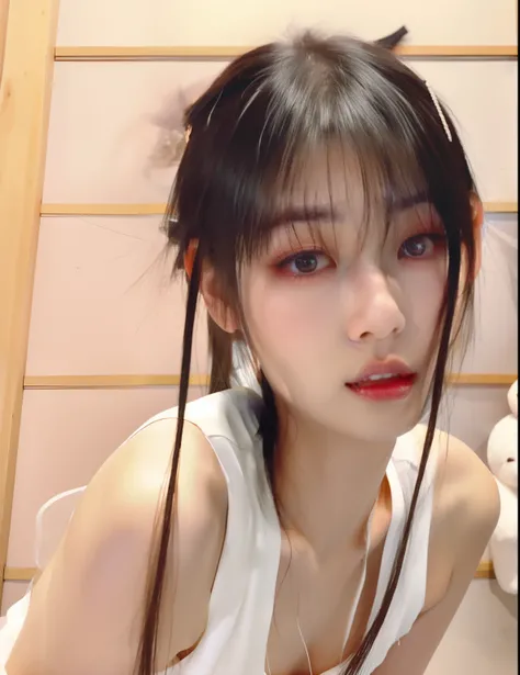 Hay una mujer con cabello negro y una camisa blanca, Yoshitomo Nara, Blackpink Jennie, young cute wan asian face, Shikamimi, Chiho, Xintong Chen, Heonhwa Choe, Chiho Ashima, ayaka, ulzzang, Lulu Chen, peinado de coletas, con flequillo