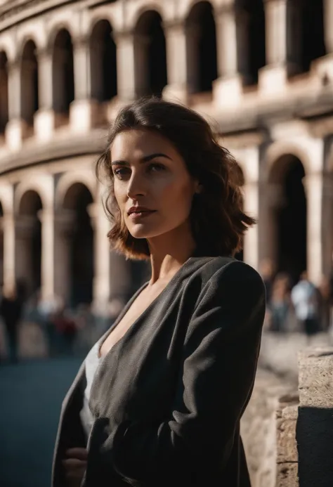 femme cheveux brun aduler regarde droit devant elle fond rome colisee