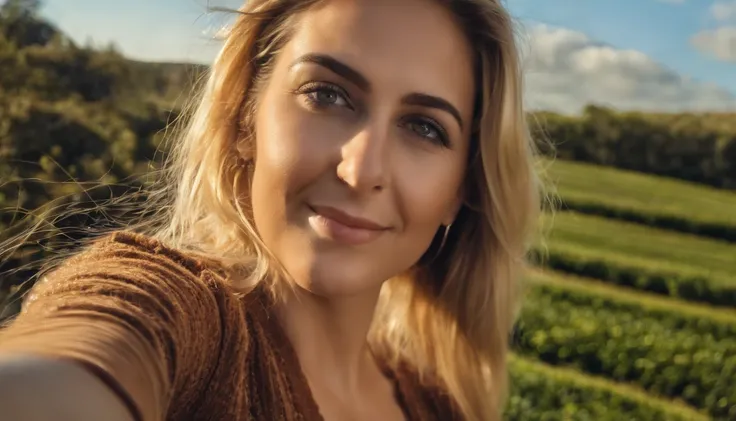 (Selfie, Vista superior: 1.4), A bit of distance from the camera, (mitad recta del cuerpo: 1.4), RAW UHD portrait photo of a 23-year-old blonde (Mujer de ojos azules) In a park during the day, (pantalones casuales), (escote), Detalles (Texturas! , cabello!...