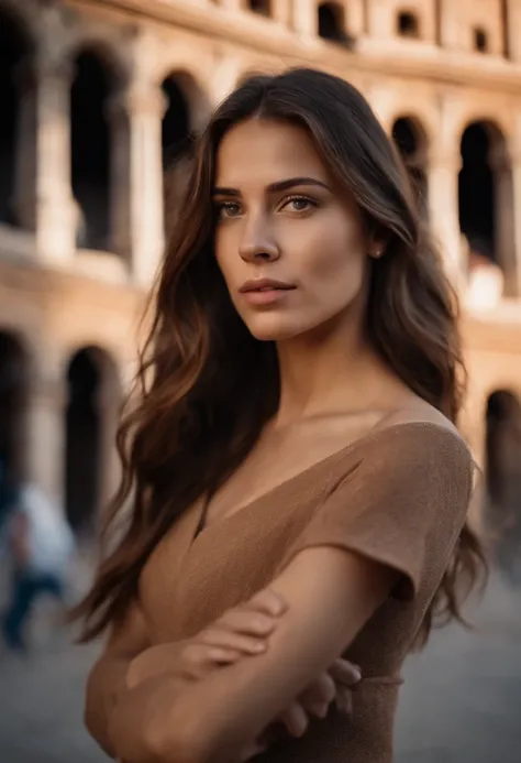 Realistic Woman Brown Hair Aduler Looks Straight Ahead Age 18 Background Rome Colosseum