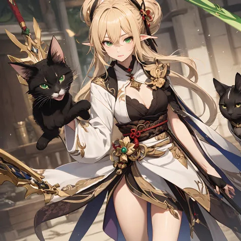 genshin impact original character, dendro, female, blonde, green eyes, polearm, elf, cat